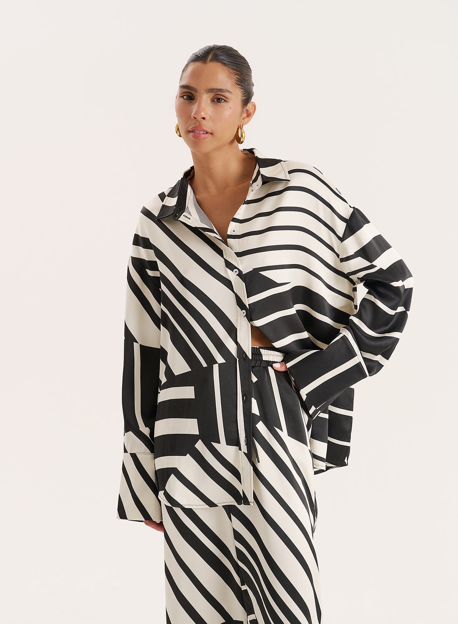 Black And White Abstract Print Satin Shirt